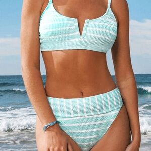 NWT Cupshe Light Blue Striped V-Wire Bini Top & High-Rise Bottoms Set